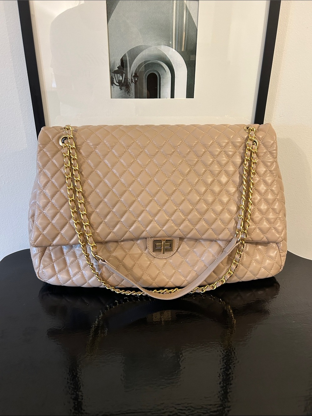 Quilted Nude Shoulder Weekender Bag with Gold Chain Large New